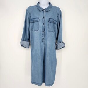 Denim Chambray Long Sleeve Shirt Dress Womens XL Casual Preppy Neutral Capsule